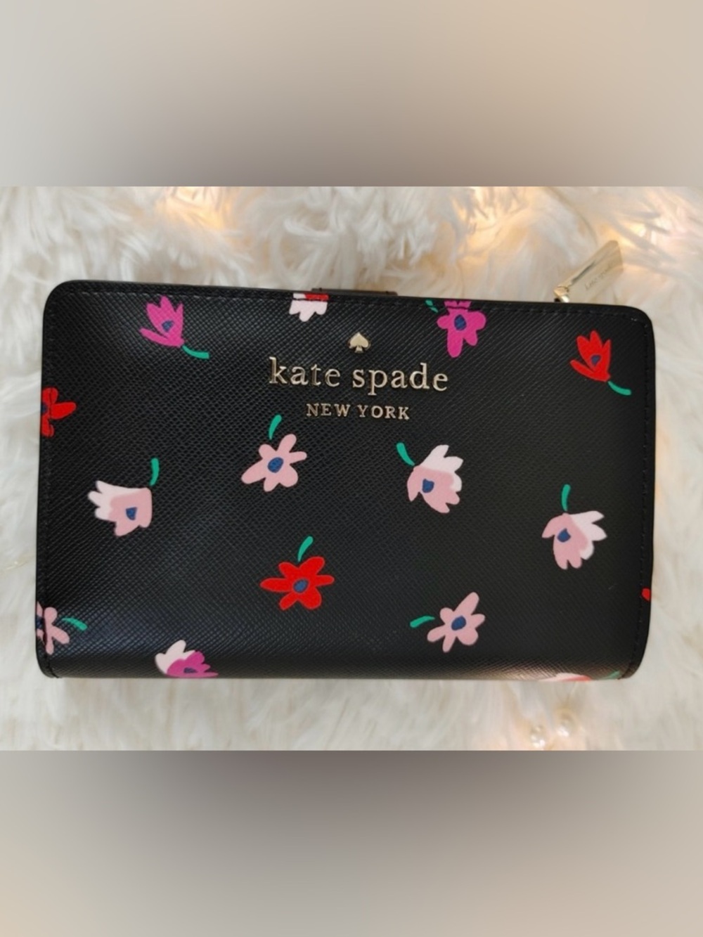 Kate Spade Staci Ditsy Buds Medium Compact Bifold Wallet Black Pink Floral